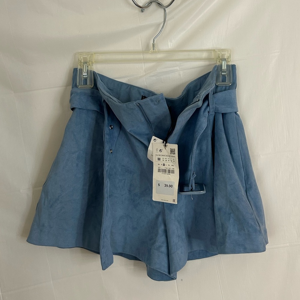 Zara‎ High Waist Belted Suede Blue Shorts - size M